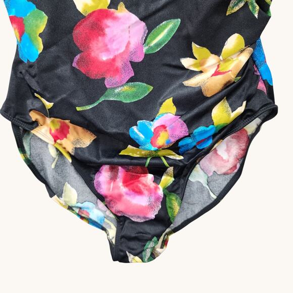 NWT Sun Streak Newport News One Piece Swimsuit 16 Black Floral Wrap Top High - Picture 5 of 10
